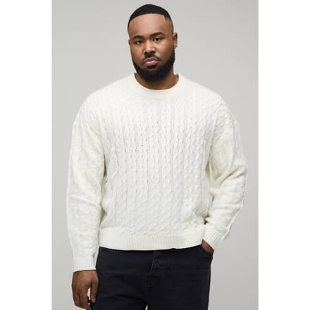 Plus Basic Boxy Fit Kabelgebreide Trui | Ecru | Size 2XL