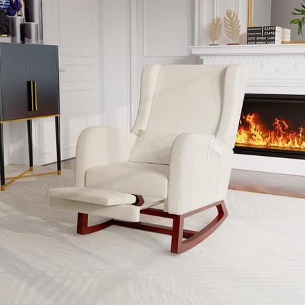 Moderne Schommelstoel Beige Gestoffeerd met Houten Basis en Metalen Poten