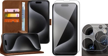 Hoesje geschikt voor iPhone 15 Pro - Screenprotector GlassGuard & Camera Lens Screen Protector - Book Case Kunstleer Pasjeshouder Bruin
