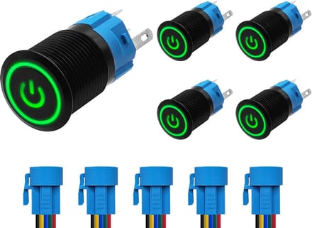 ProRide Drukschakelaar ON-OFF 220V - 16mm Metaal - Waterdicht - LED Groen - Met Kabels - 5 stuks