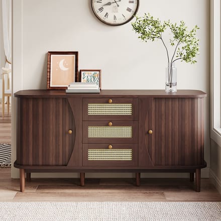 BLACKCOLORS Dressoir, rotan dressoir, dressoir met schuifdeuren, verstelbare planken en afgerond blad.