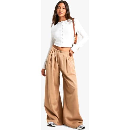 boohoo Dames Geploegde geweven wijde pijpenbroek | Camel | Maat: 36