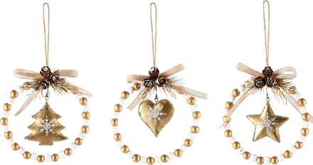 Dekoratief | Hanger ring m/boompje/hartje/ster, goud, metaal, 11x3x11cm, set van 3 stuks | A245388
