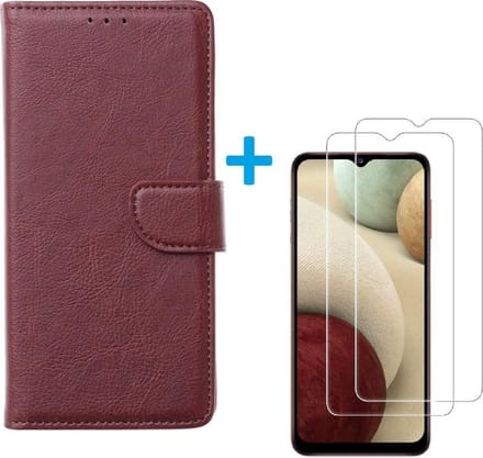 Bookcase Geschikt voor: Oppo A12 / A12S - Bordeaux - portemonnee hoesje met 2 stuks Glas Screen protector