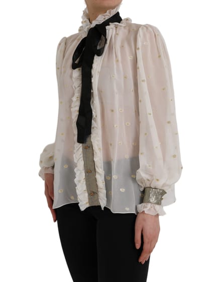 Dolce Gabbana Zijde Blouse Hoge Hals Ruffle Blouse