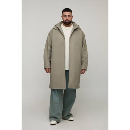 Plus Regular Fit Button Through Hooded Mac | Stone | Size 3XL