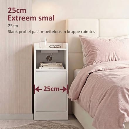 Nachtkastje Set van 2 met Laadstation - Smal Design 25 cm - MDF - Slaapkamer & Woonkamer - Wit