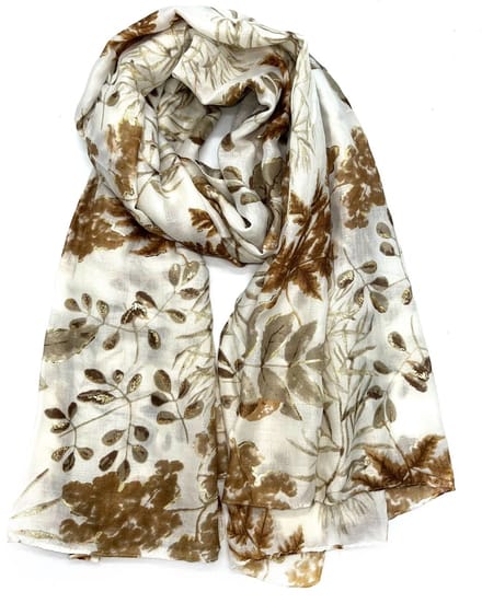 Lange dames sjaal Corine-bladerenmotief-beige wit goud bruin taupe