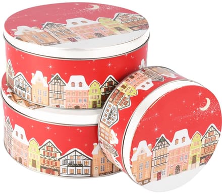 Dekoratief | Set 3 bewaardozen 'Winter Village', rood/wit, metaal, 20x20x9cm | A255904