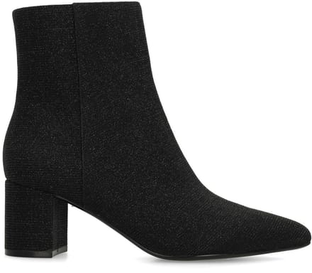 Manfield - Dames - Zwarte glitter enkellaarsjes met hak - Maat 38