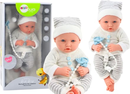 Levensechte babypop - wit/grijs gestreept - 35x16x10 cm - incl accessoires