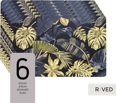 Raved Placemats - Set van 6 Stuks - Britt - Bloemen - Goud - Zwart - Eettafel - Onderlegger - Waterafstotend