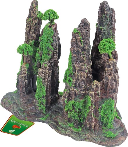 Polyresin ornament rotszuilen met gat mos en boom, 22 cm.