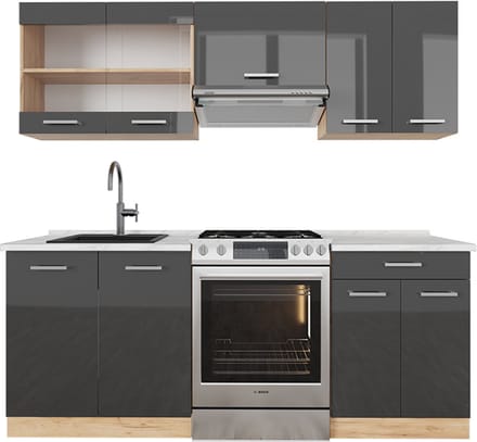 Vicco R-Line Complete keukeneenheid – 200 cm, WB Marmer Antraciet hoogglans/goud eiken