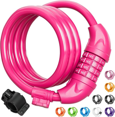 Titanker Fiets Lock, 4 voet Security Resettable Combination Coiling Bike Cable Locks met montagebeugel, 1/2 inch diameter (roze)
