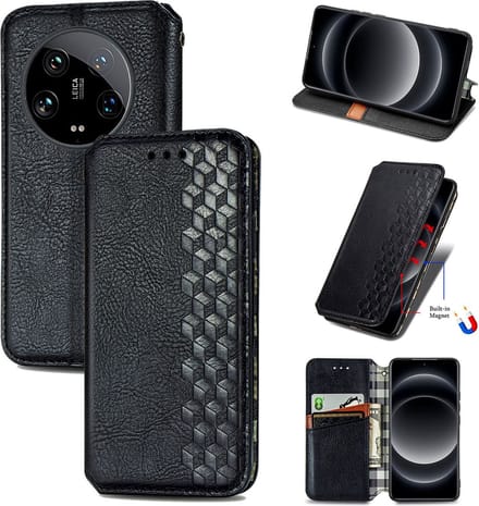 Luxe PU Lederen Ruitpatroon Wallet Case + PMMA Screenprotector voor Xiaomi 14 Ultra _ Zwart