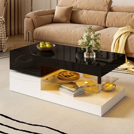 Wishdor Salontafel met LED-sfeerverlichting, app- en Bluetooth-bediening, hoogglans zwart-wit, 90×45×35,5 cm