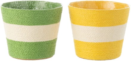 J-Line bloempot Touwtjes Streep - papier - geel/groen - medium - 2 st. - Ø 15 cm