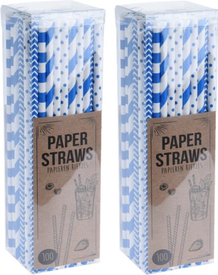 Excellent Houseware Papieren drinkrietjes - 200x - blauw - 20 cm