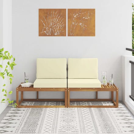 vidaXL - Buiten - eindsofa - 2 - Stuk - Natuurlijk - en - Crème - Massief - Acacia - Hout