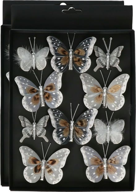 Othmar Decorations vlinders op clip - 20x - grijs/zilver- 5-8 cm - kunststof