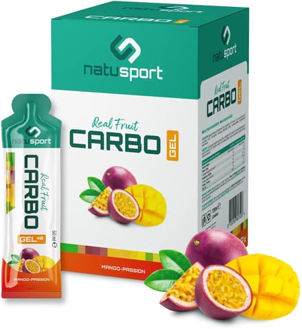 Natusport Real Fruit Carbo Gel - 40 gram koolhydraten - Energiegel met Echt Fruit - Mango & Passion - 12 stuks