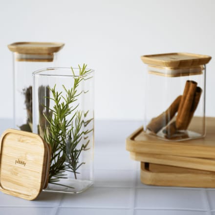 Pebbly - Vershouddoos Vierkant 240 ml met Bamboe Deksel Set van 2 Stuks - Borosilicaatglas - Transparant