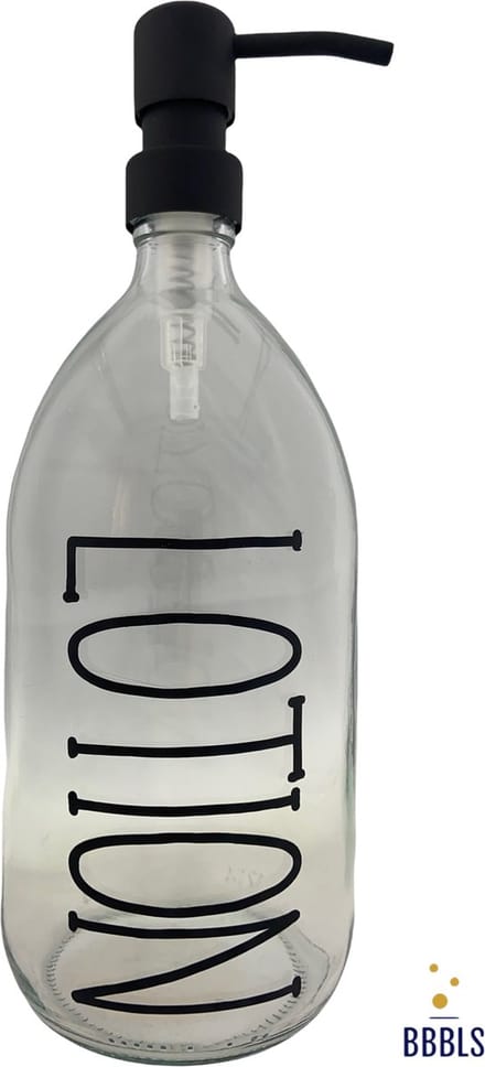 BBBLS® Design Dispenser "Lotion" | Transparant Glas | 1 liter | RVS / Metaal Pomp Zwart | Zeeppomp | Zeepdispenser | Zeephouder