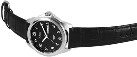 JUST Herenhorloge Echt leer Garrick, zilverkleurig, datumweergave