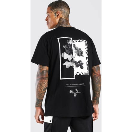 Oversized Floral Photo Back Print T-Shirt | Black | Size Medium