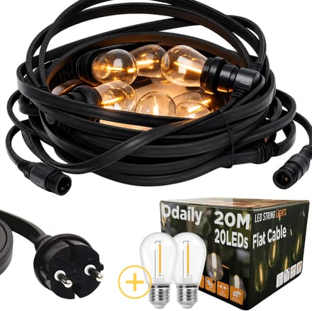 Odaily Platte Prikkabel - 20 Meter - 20 LED Lampen - Warm Wit - IP65 Lichtsnoer - Horeca Kwaliteit