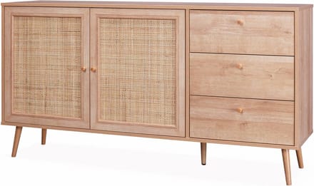 sweeek - Dressoir met 2 deuren 3 lades houtdecor en rotan 150cm - bohème