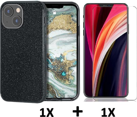 HB Hoesje Geschikt voor Apple iPhone 13 - Zwart / Glazen Screenprotector - Glitter Back Cover