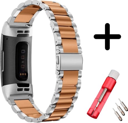 Strap-it Bandje staal zilver/rosé goud + toolkit geschikt voor Fitbit Charge 3 / 4