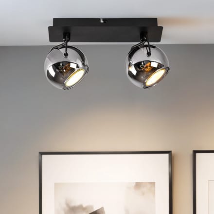 Moderne plafondlamp met smoke glas en 2 spots, zwart - Jari