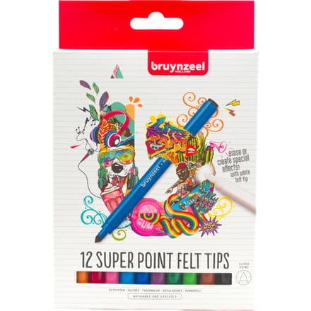 Viltstift Bruynzeel Super Point met witte wisstift assorti 12 stuks