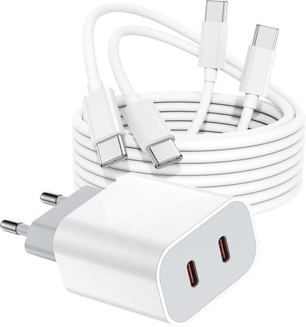 USB-C Lader + 2x USB C Kabel - 3 Meter Oplaadkabel Type C - Geschikt voor Pixel, S24,S23,S22, A54, A25, A14, A05s - Snellader - GaN Tech - 2 Poorten - Wit