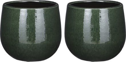 Mica decorations Plantenpot - 2x stuks - keramiek - donkergroen - glans/spotted- D14 x D12 cm