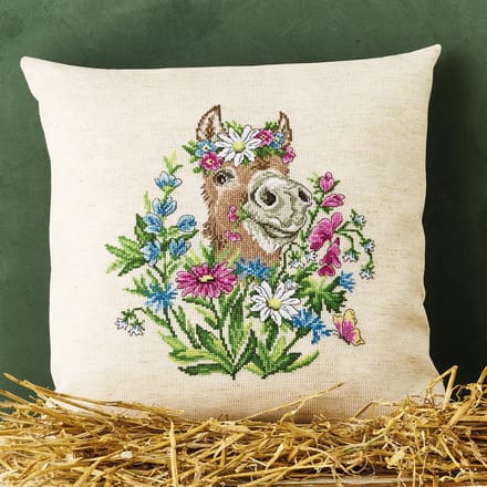 Permin borduurkussen pakket Ezel met bloemen 40x40cm 83-5103 telpatroon