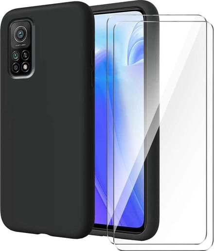 Silicone hoesje zwart met 2 Pack Tempered glas Screen Protector Geschikt voor: Xiaomi MI 10T Pro