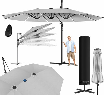 Dubbele Parasol 4,6m x 2,7m | Kantelbare Zweefparasol met Beschermhoes & Windscherm