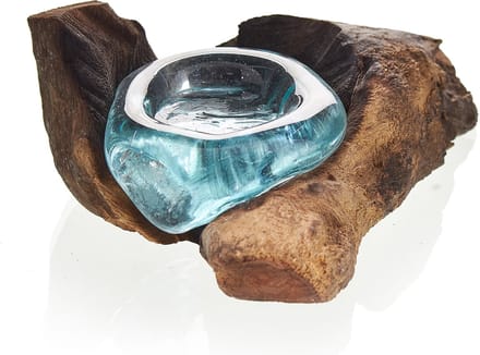 Gesmolten Glas op Houten Stronk - Kaars Houder - Handgemaakt - 10x16cm