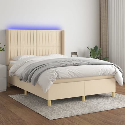 vidaXL - Boxspring - met - matras - en - LED - stof - crèmekleurig - 140x190 - cm