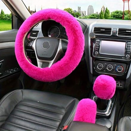 3 stuks Effen Pluizige Auto Stuurwielhoes & Handrem & Versnellingspookhoes Set one-size warm roze kleur