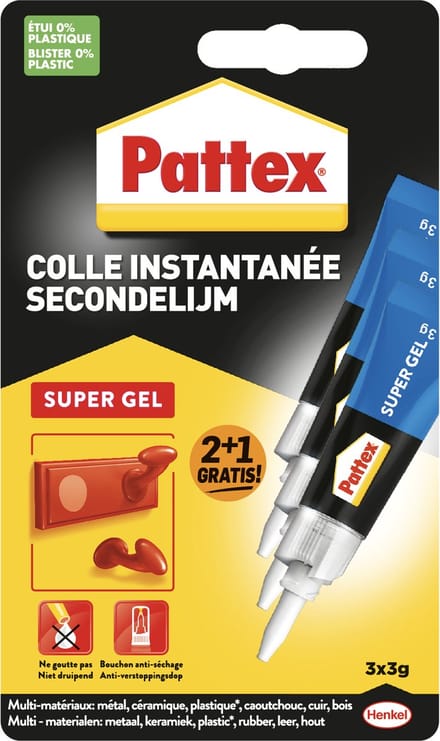 Secondelijm pattex super gel 3gr blister 2+1 | 12 stuks