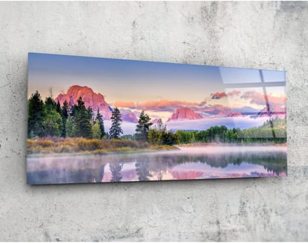 Panorama Glasschilderij - Landschappen - Mistige Bergen - 92 x 36 cm
