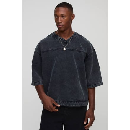 Oversized Boxy V Neck Denim Hockey T-Shirt | Black | Size Medium
