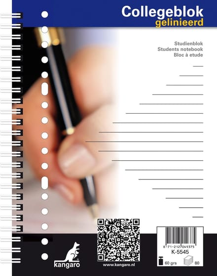 Collegeblok Kangaro A5 17-gaats 60grs 80 blad gelinieerd 5 stuks
