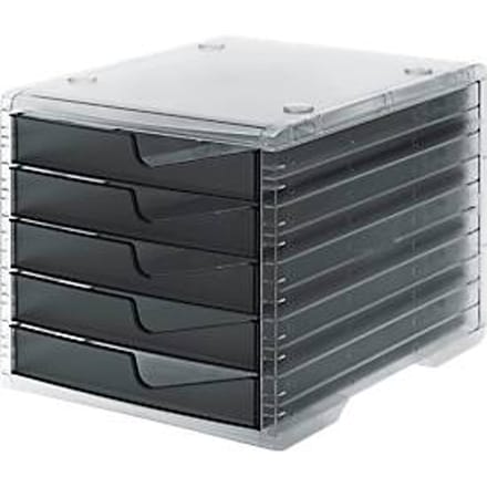 Ladebox styro® styroswing light, 5 laden, uittrekstop & verzonken greep, stapelbaar, B 270 x D 340 x H 255 mm, polystyreen, transparant-antraciet