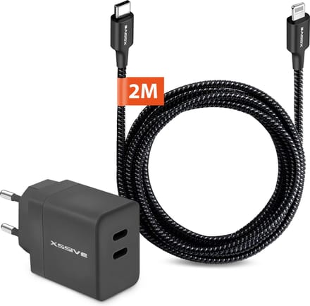 USB C Adapter met USB-C naar Lightning Kabel - 2 Meter - Oplader 2 Poorten - Geschikt voor iPhone en iPad met Lightning poort